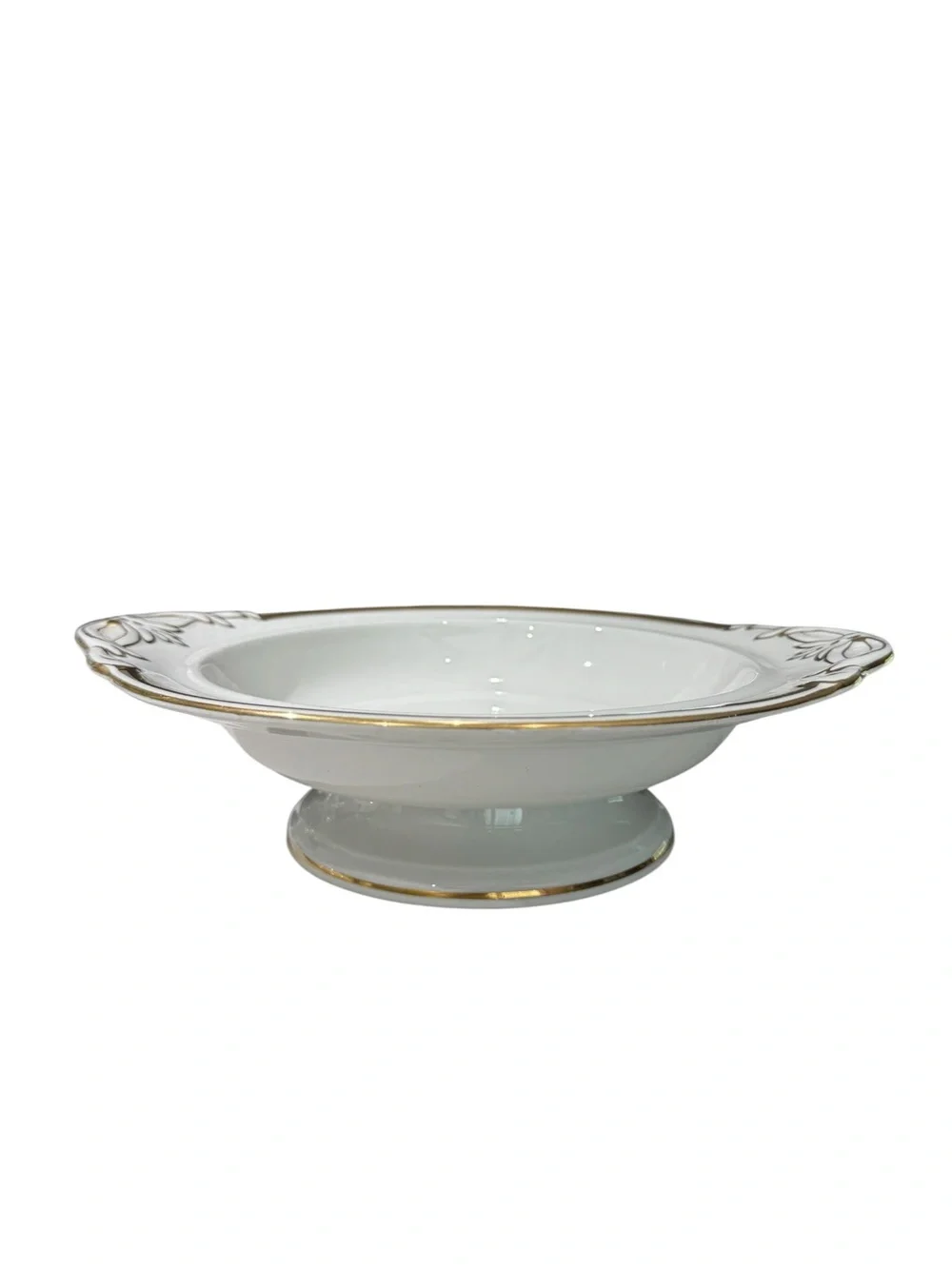 VTG White & Gold Trim Porcelain Covered Footed Serving Dish 10